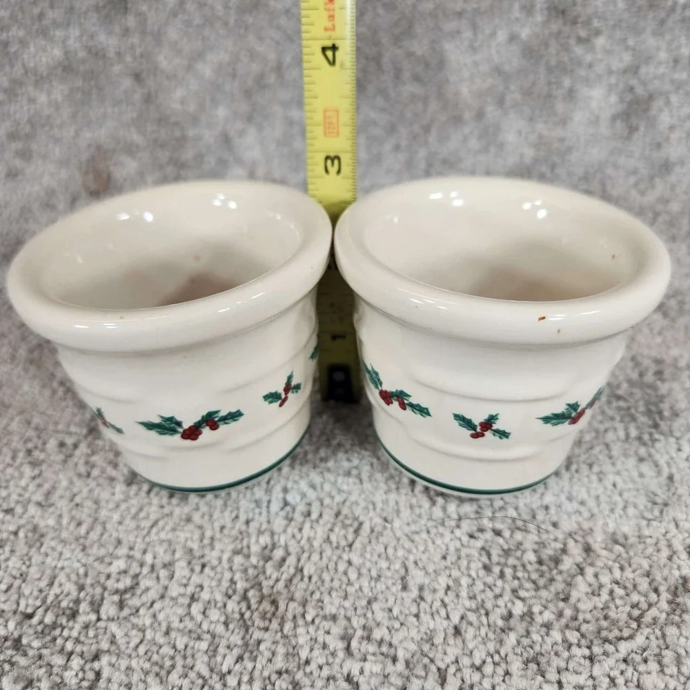 Longaberger Votive Cups Ivory Christmas Holly Pottery Set of‎ 2